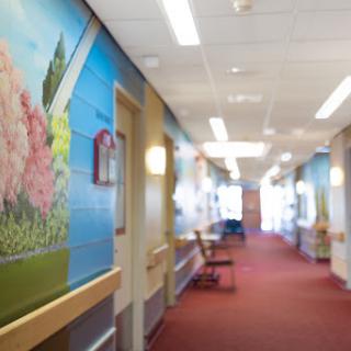 A vibrant hallway in a hospital featuring colorful murals and comfortable seating.