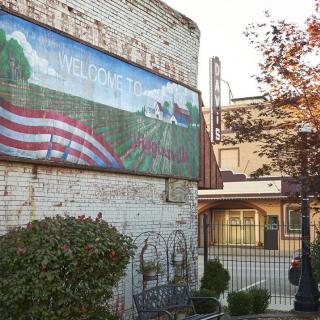 A mural on a brick wall outside an urban building, featuring a flag and landscape imagery.
