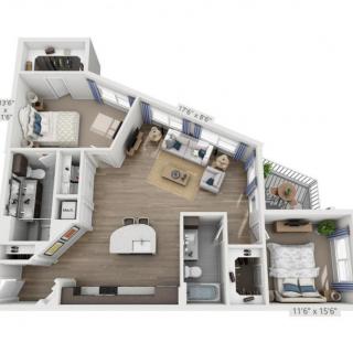 A 3D-rendered floor plan of a modern one-bedroom apartment featuring an open living area, kitchen, bathroom, and balcony.