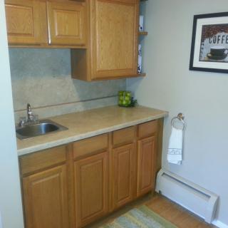 A small kitchen area featuring wooden cabinets, a sink, and a decorative artwork on the wall.