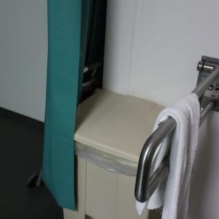 A bathroom interior with a towel hanging on a grab bar next to a privacy curtain.