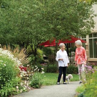 Two friends enjoy a stroll in the garden, accompanied by a small dog.