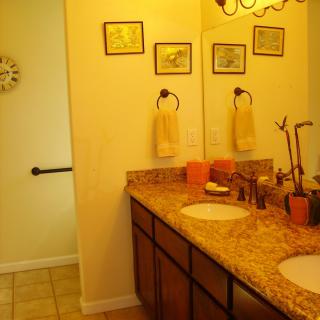 A bathroom with a double sink vanity, granite countertop, and decorative elements.