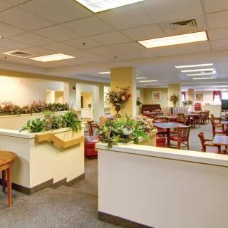 A well-lit interior space featuring a seating area with tables and chairs, adorned with plants and decorative elements.