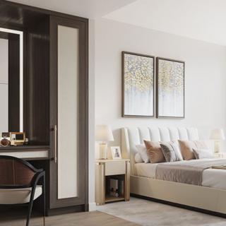 A modern and minimalist bedroom interior featuring a cozy bed, elegant artwork, and sleek furniture.