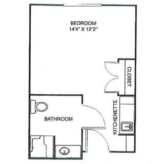 A simple apartment floor plan featuring a bedroom, bathroom, closet, and kitchenette.