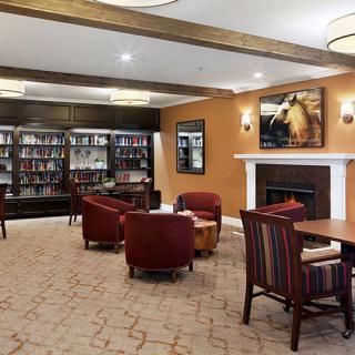A cozy library room featuring bookshelves, comfortable seating, and a fireplace.