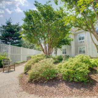 A peaceful garden pathway lined with trees and shrubs next to a building on a sunny day.