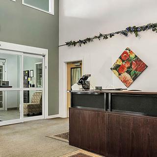 Modern reception area with a desk and decorative wall art.