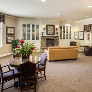 A spacious and well-lit living room with elegant furniture, featuring a fireplace and decorative elements.