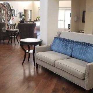 A cozy living room with a comfortable sofa and elegant decor.