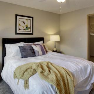 A modern and cozy bedroom interior with a neatly made bed, decorative pillows, and a stylish lamp.