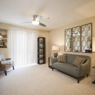 A modern living room with a comfortable sofa, armchair, and decorative mirrors on the wall.