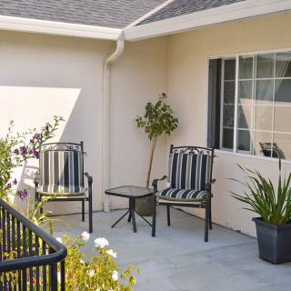 A cozy patio setup with striped chairs and a small table surrounded by potted plants.