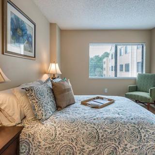 A cozy bedroom with a neatly made bed, bedside lamps, and natural light from the window.