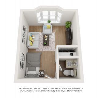 A 3D floor plan of a studio apartment featuring a bedroom, living area, and bathroom.