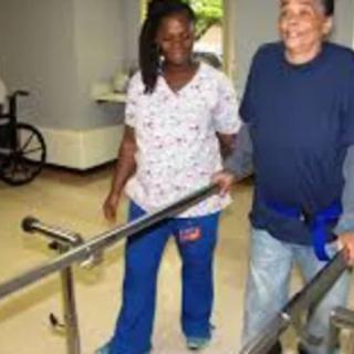 A healthcare worker assists a person with physical therapy exercises using parallel bars.
