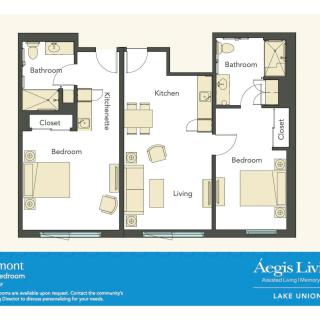 Floor plan of a two-bedroom apartment with living room, kitchen, and bathroom.