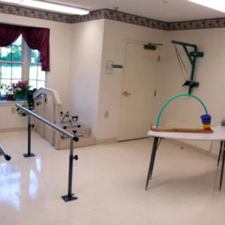 A rehabilitation room featuring parallel bars and exercise equipment for physical therapy.