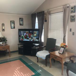 A cozy living room featuring a TV, armchairs, and decorative elements.