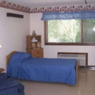 A minimalist bedroom with a single bed and blue bedding, illuminated by natural daylight from a large window.
