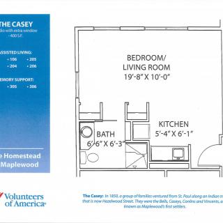 Floor plan of a studio apartment with dimensions for the bedroom/living room, kitchen, and bathroom.