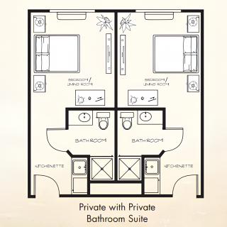 Private suite floor plan with two bedrooms and private bathrooms.