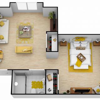 A modern apartment floor plan featuring a spacious living area and a cozy bedroom with stylish furnishings.