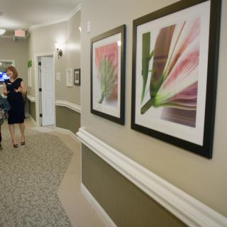 A well-lit hallway featuring framed artwork on the walls.