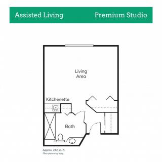 Floor plan of a premium studio in assisted living.