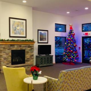 A cozy living room with a decorated Christmas tree and a warm fireplace.