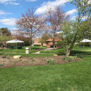 A peaceful park scene with gazebos, trees, and lush green grass under a partly cloudy sky.