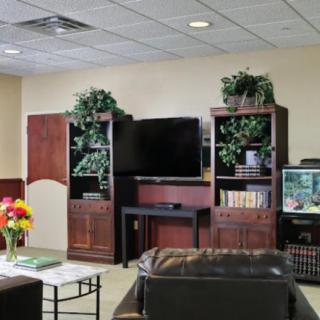A cozy living room with a television, bookshelves, and comfortable seating.