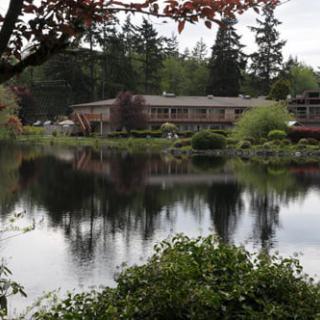 A serene lakeside view with a building in the background and trees reflecting on the water.