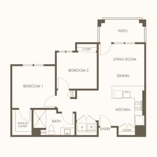 A floor plan of a two-bedroom apartment featuring a living room, kitchen, and bathroom.