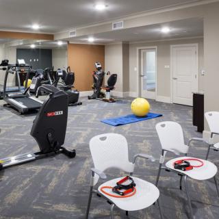 A modern gym with exercise equipment including treadmills, a stationary bike, yoga mats, an exercise ball, and resistance bands.