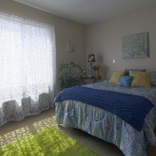 A cozy bedroom with a sunlit window and colorful bedding.