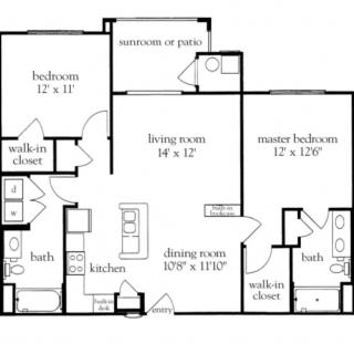 A floor plan of a two-bedroom apartment with a living room, kitchen, dining room, and two bathrooms.