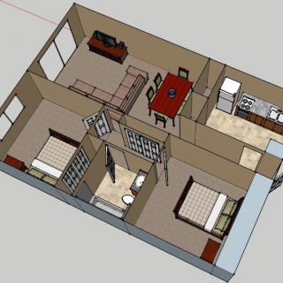 3D model of an apartment floor plan featuring two bedrooms, a living area, a kitchen, and a bathroom.