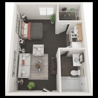 Studio apartment floor plan with a combined living and sleeping area, kitchen, and bathroom.