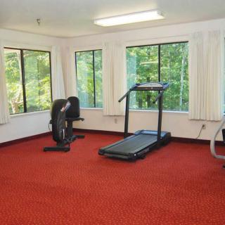 A well-lit exercise room with a treadmill and other fitness equipment situated near large windows.