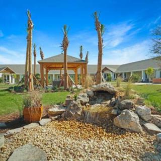 A serene garden featuring a gazebo surrounded by palm trees and a rock formation under a clear blue sky.