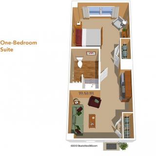 A detailed floor plan of a one-bedroom suite, showcasing the layout of the living area, bedroom, kitchen, and bathroom.