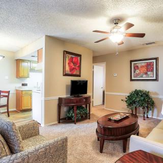 A cozy living room with comfortable seating, a coffee table, and a television, decorated with artwork and plants.