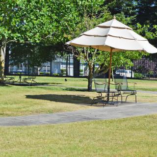 A peaceful park scene featuring a shaded bench under an umbrella, surrounded by trees and grass.