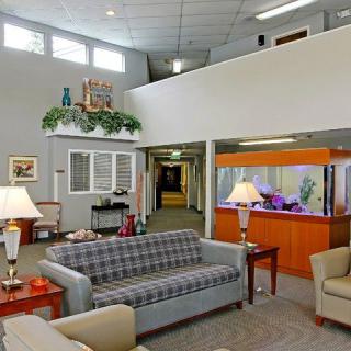 A cozy lobby area featuring comfortable sofas, a large aquarium, and warm lighting.