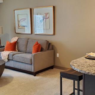 A cozy living room with a gray sofa, orange cushions, and wall artwork.