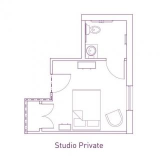 Floor plan of a studio apartment with distinct living and bathroom areas.