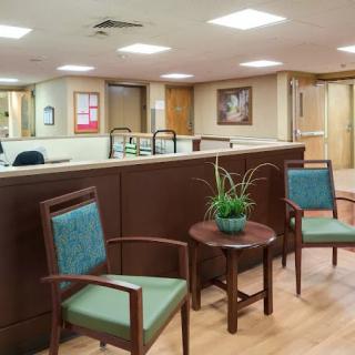 A waiting area with chairs and a small table featuring a potted plant in an office setting.