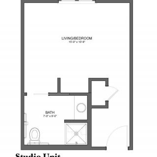 Floor plan for a studio unit featuring a living/bedroom area and a compact bathroom.